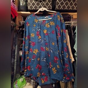 Floral Blue Blouse with Red and Yellow Accents